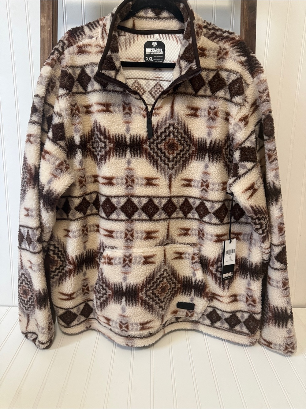Rock Revival Men’s Brown & Cream Patterned Fleece Quarter-Zip Jacket